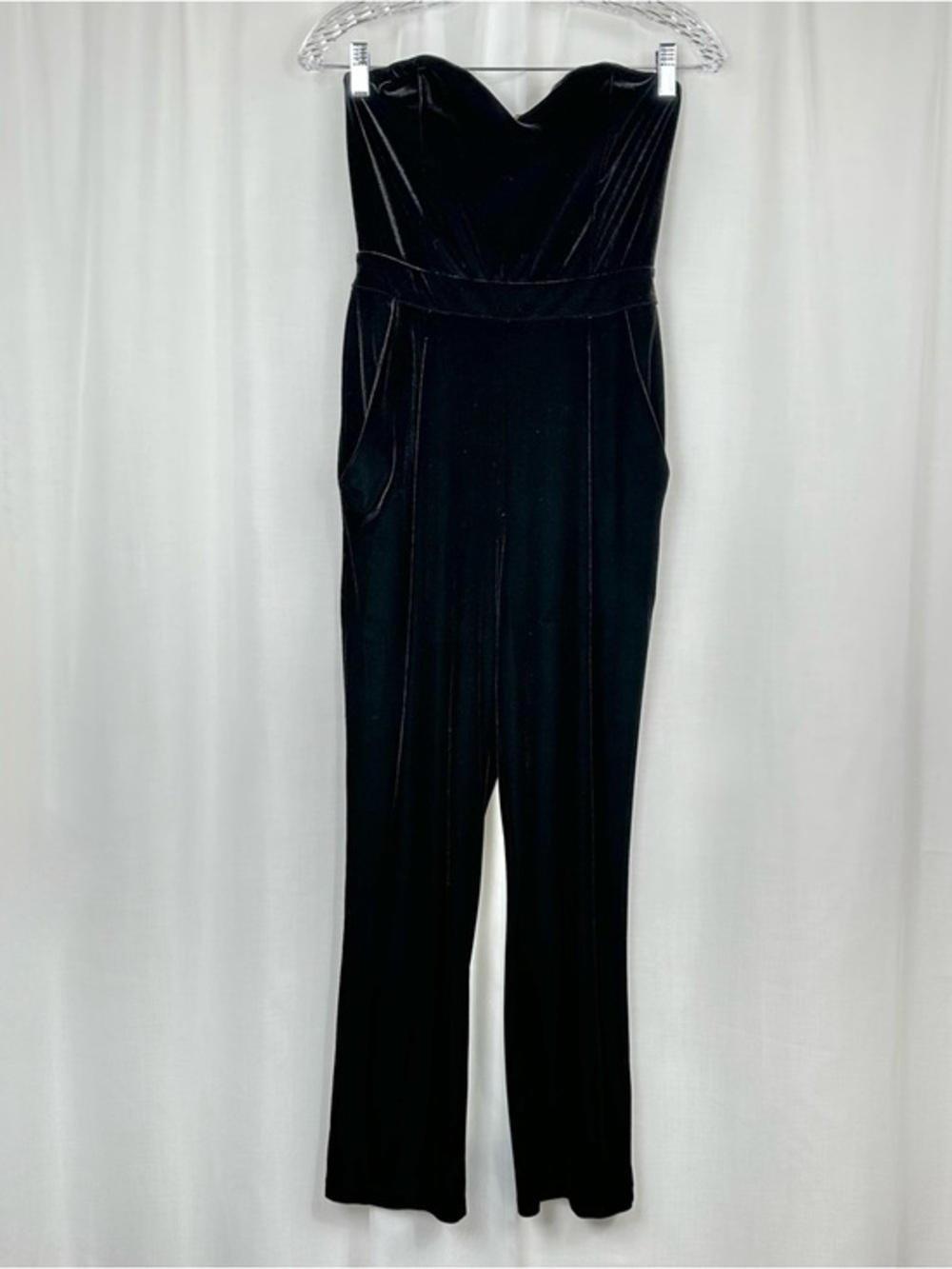 Express‎ Black Stretch Velvet Strapless Sweetheart Cropped Jumpsuit Gold Zip 4